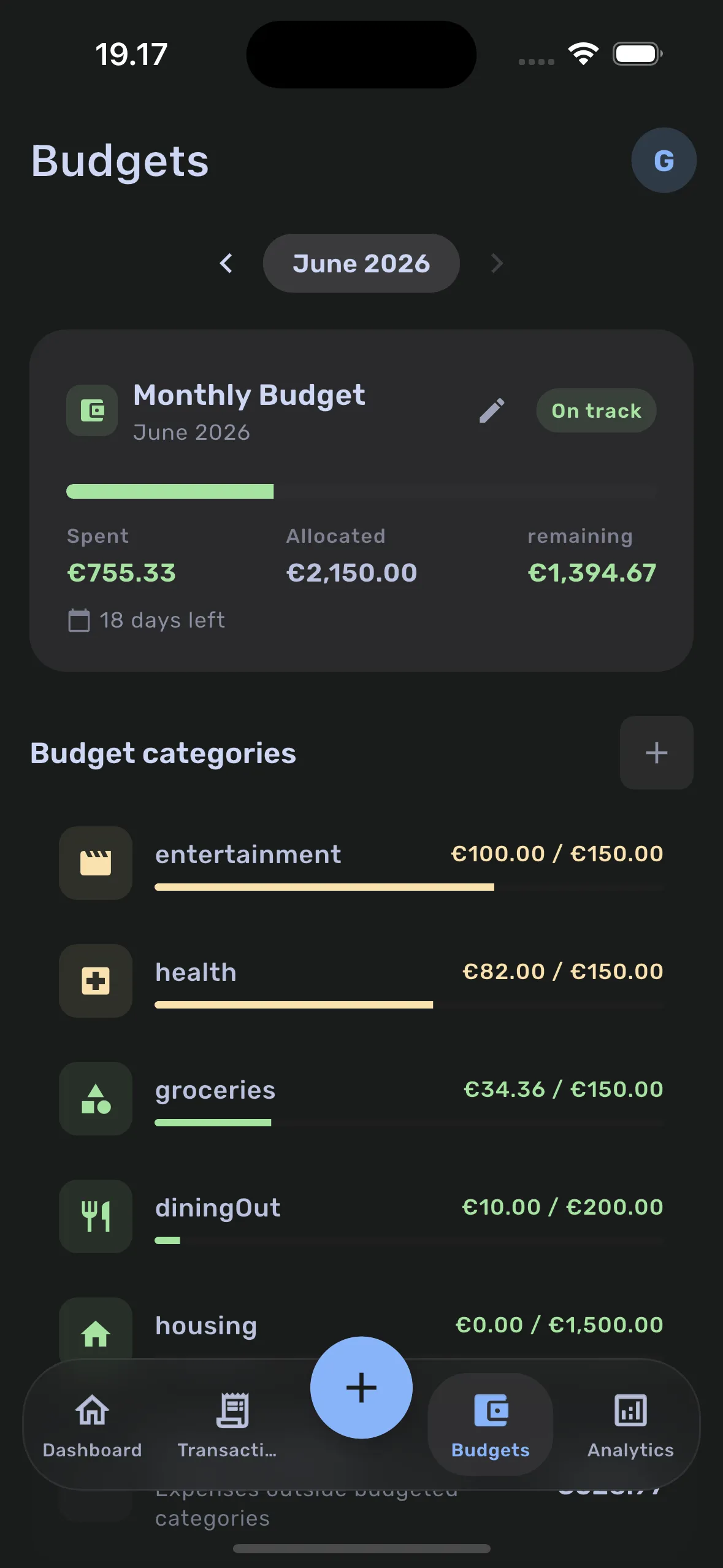 Monthly budgets with progress bars per category