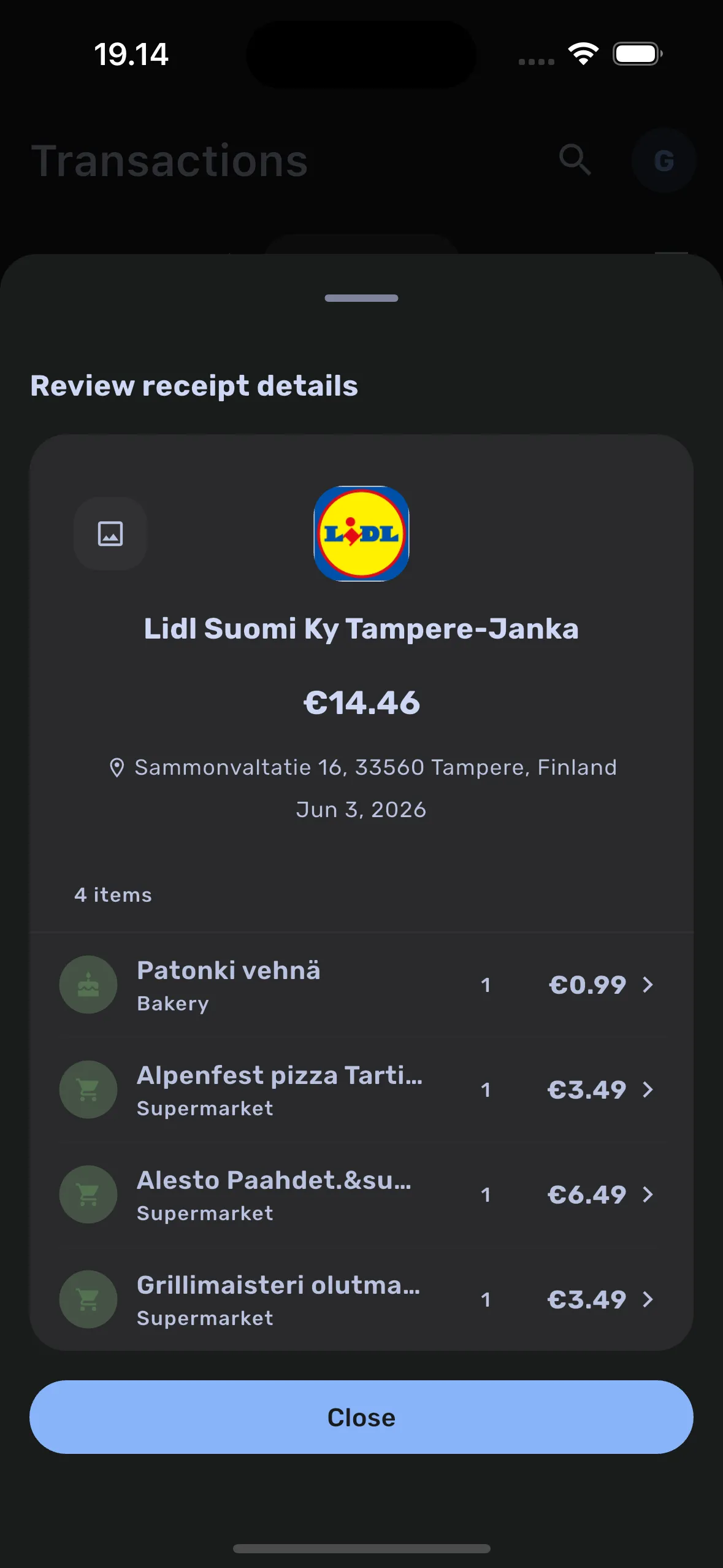 AI receipt scanning showing extracted line items with subcategories